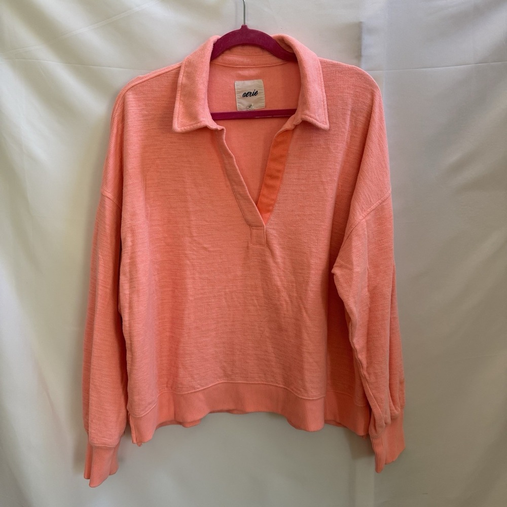 Aerie Polo Sweatshirt Women's L Coral Pink Slub Knit V-Neck Relaxed Athleisure